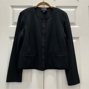 St. John Caviar Milano Knit Jacket Blazer Wool Blend Zip Ribbon Black size 14